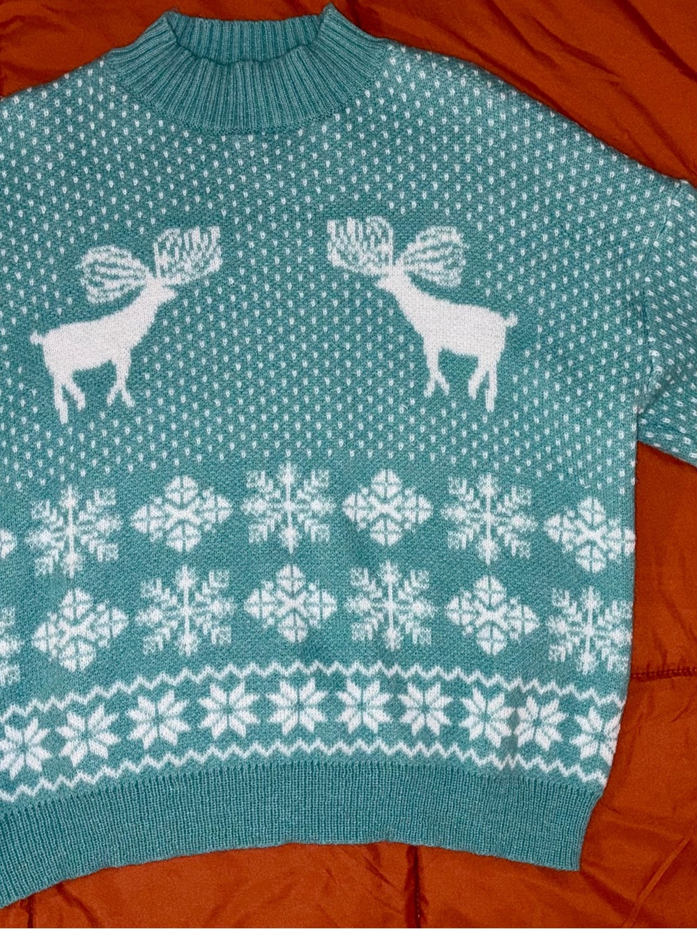 SHEIN Teal and White Nordic Moose Turtleneck Sweater